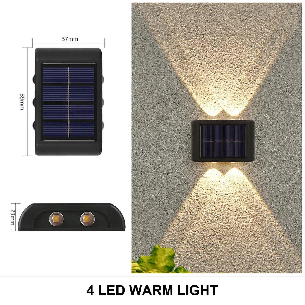 Luminária de parede solar externa à prova d'água, alimentada por energia solar, com iluminação para cima e para baixo, ideal para decoração de casa, jardim e quintal